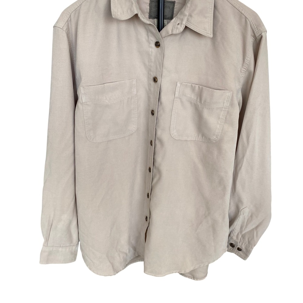 St Johns Bay Womens Medium Tan Beige Faux Suede Button Down Shirt Long Sleeve
